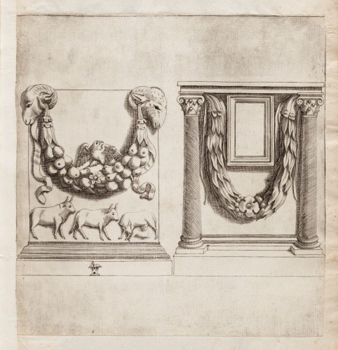 Ornamentprent. Galleria Giustiniana del marchese Vincenzo Giustiniani.  Twee altaren of steles ('Album Podestà u.a.').